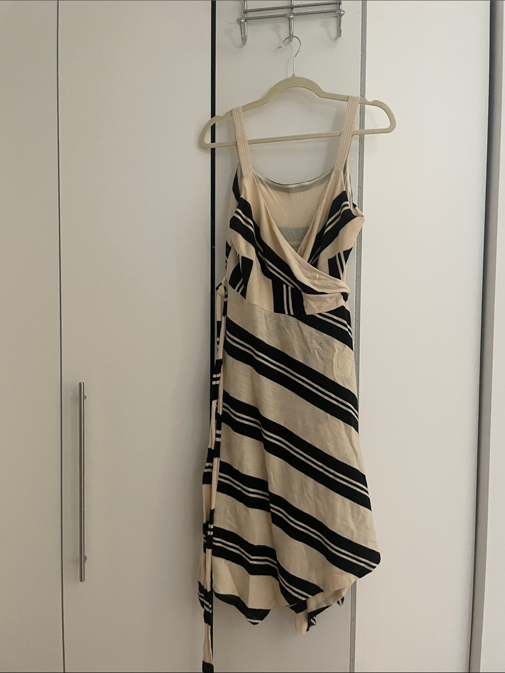 Anthropologie Black and Beige Striped Asymmetrical Wrap Dress
